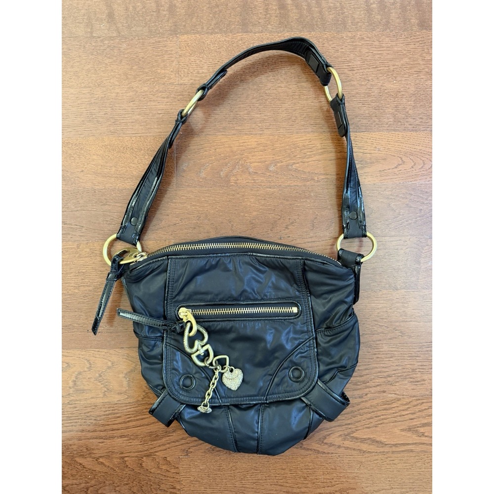 Juicy Couture Black Nylon Top Handle Shoulder Strap Bag Purse Gold Chain Tassel